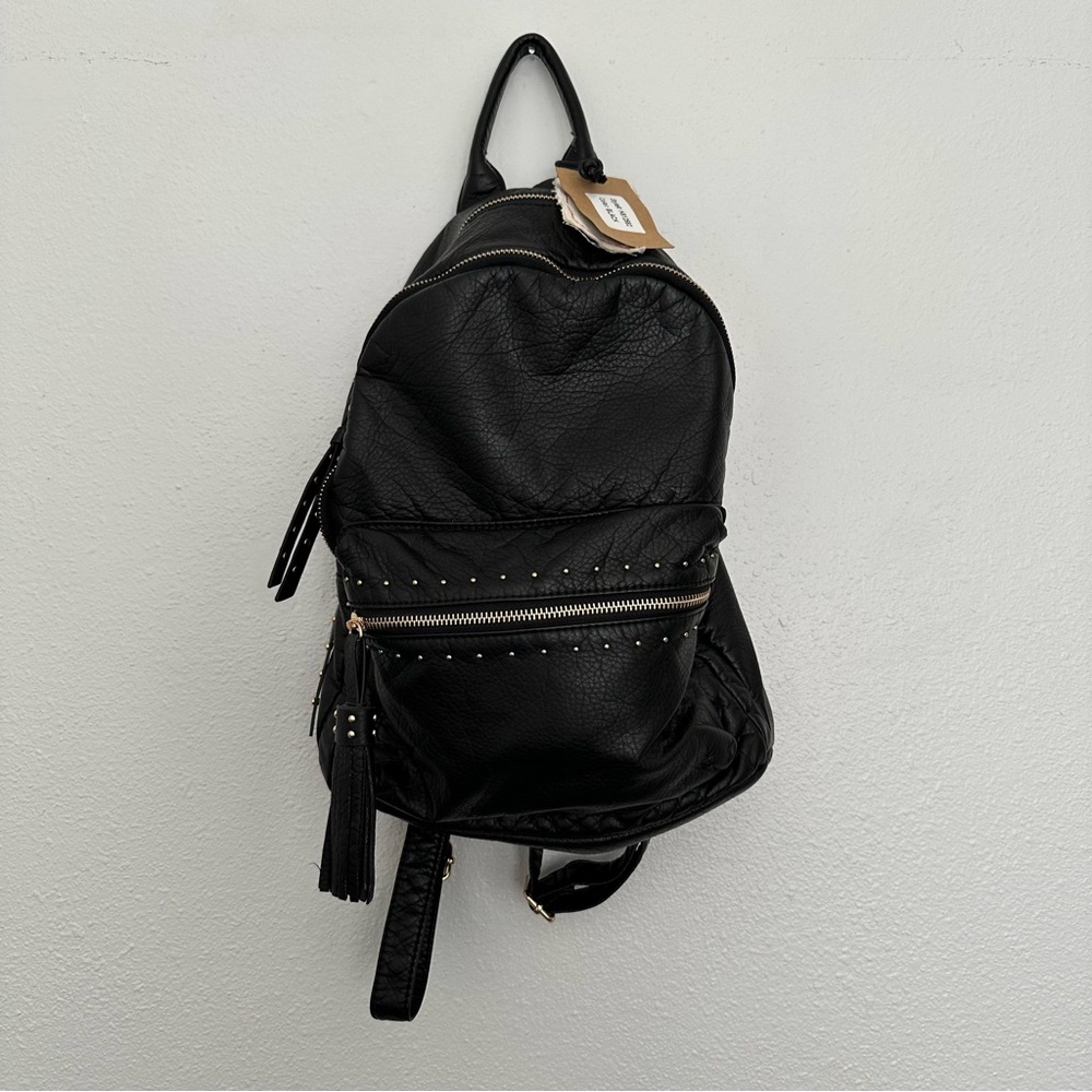 Black Faux Leather Moto Backpack